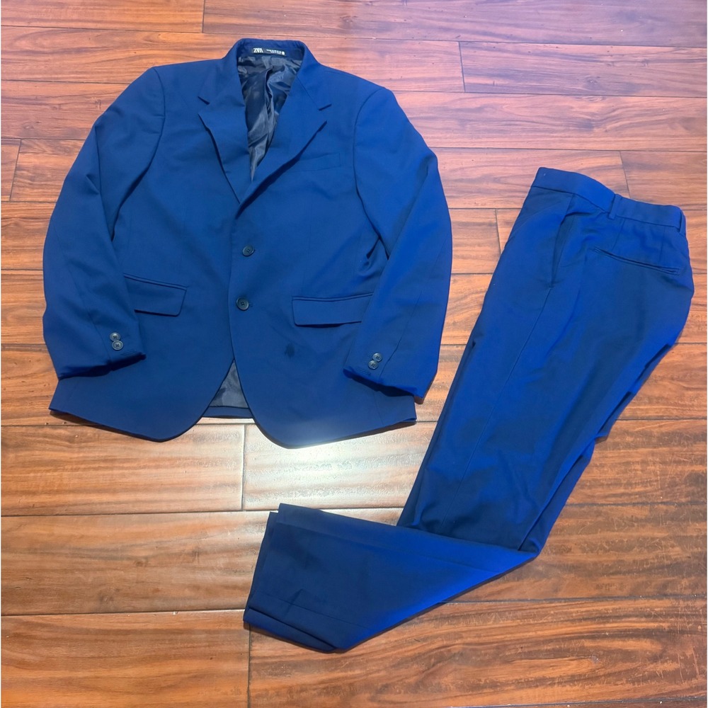Zara Womens Blue 2 Piece Pant Suit Blazer Size 36 Pants 29 Cobalt Professional